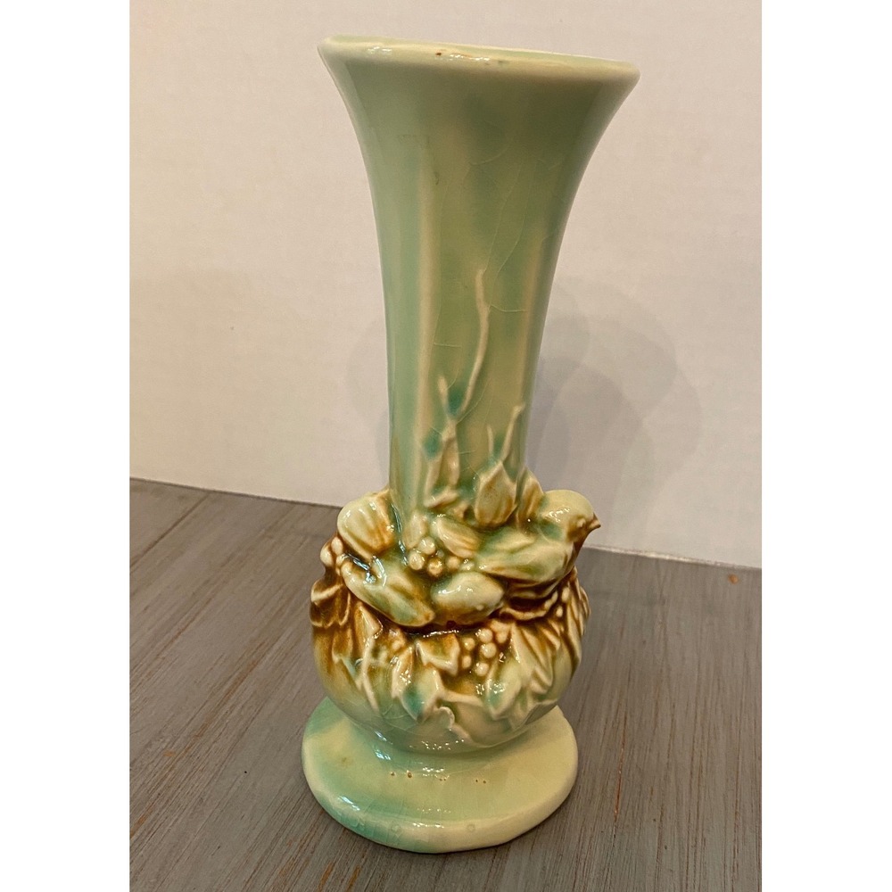 Vintage‎ McCoy Bird and Nest Ceramic Bud Vase Celadon Green Brown Drip Glaze